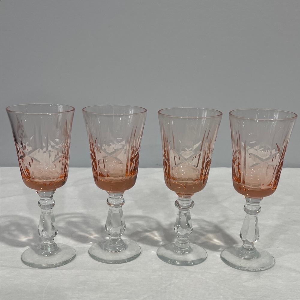 Mid-century Modern Elegant Pink Cut Crystal 4oz apéritif Wine Glasses Set of 4